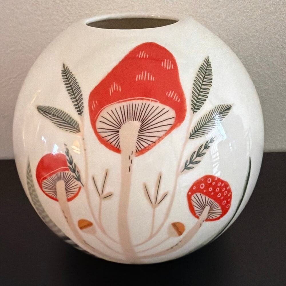 Brand New Mushroom Stoneware Vase White Orange Kenzie Kae